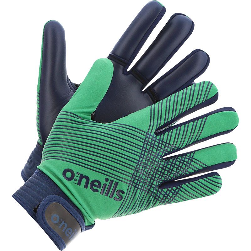 Green and Navy GAA gloves with rubber print on the back and Velcro fastening by O’Neills.