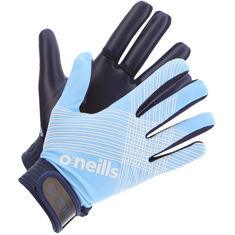 Sky Blue Kids' GAA gloves with rubber print on the back and Velcro fastening by O’Neills.