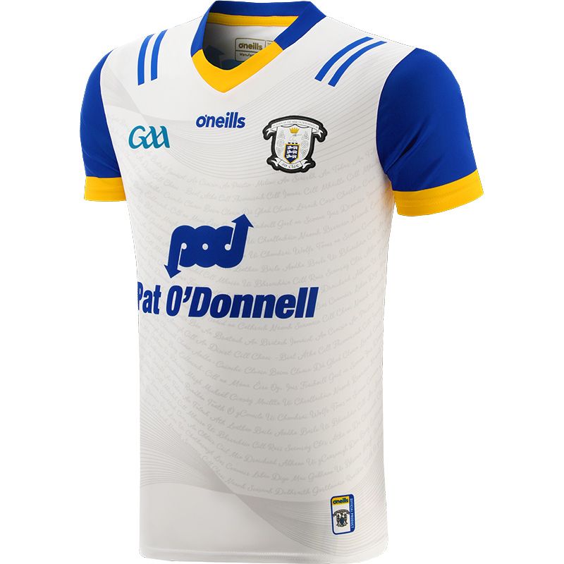 White Clare GAA Alternative jersey with sponsor logo by O’Neills.