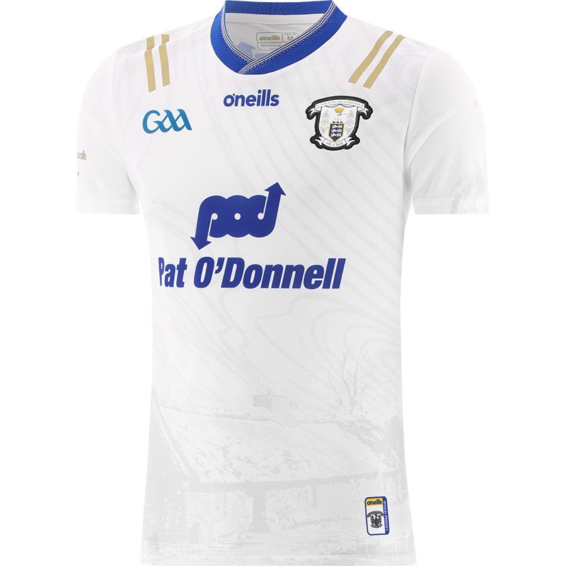 White Clare GAA Commemoration Jersey Player Fit with Michael Cusack cottage on the front and image of Michael Cusack on the sleeve by O’Neills.