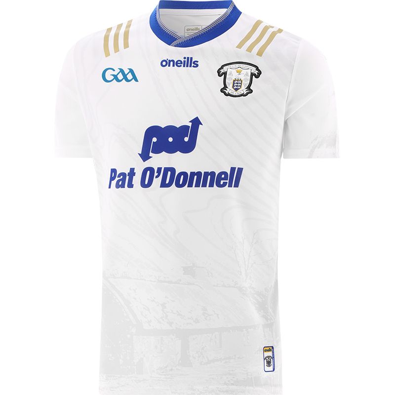 White Clare GAA Commemoration Jersey with Michael Cusack cottage on the front and image of Michael Cusack on the sleeve by O’Neills.