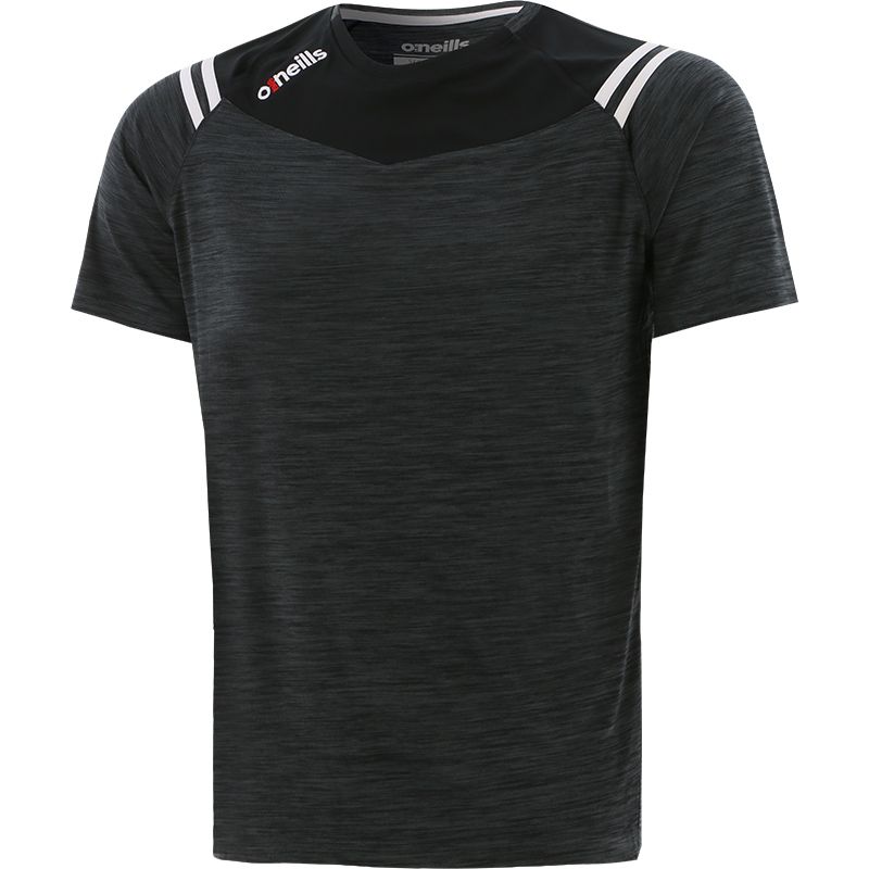 tonal black men's short sleeve t-shirt with two white stripes on shoulders and lower back from O'Neills