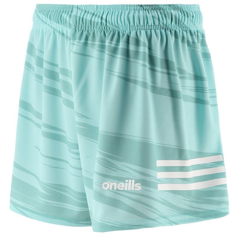 Green women’s O’Neills Connell Shorts with three white stripes on each leg and an all-over design.