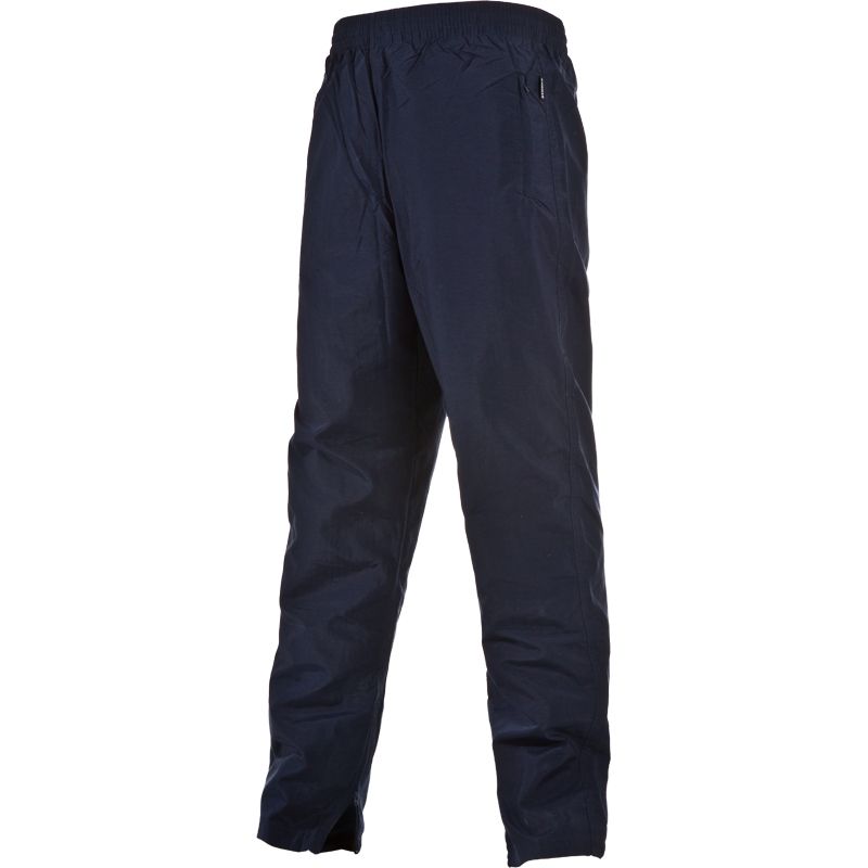 Navy men’s woven tracksuit bottoms with lower leg zips and elasticated waistband by O’Neills.