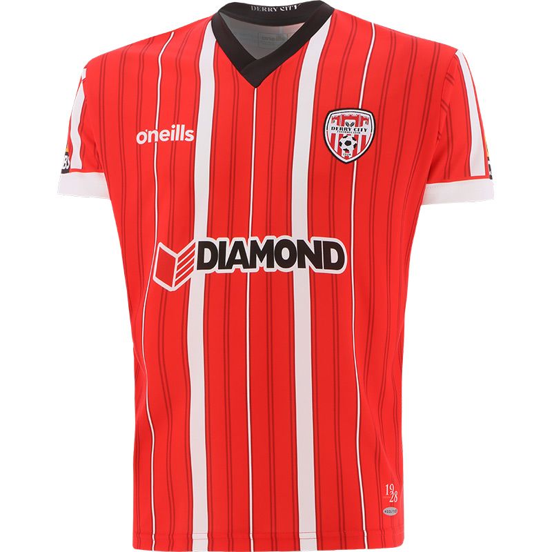 Red and white Men's Derry City FC 2022 Home Jersey with Candystripes and v neck collar from O’Neills.