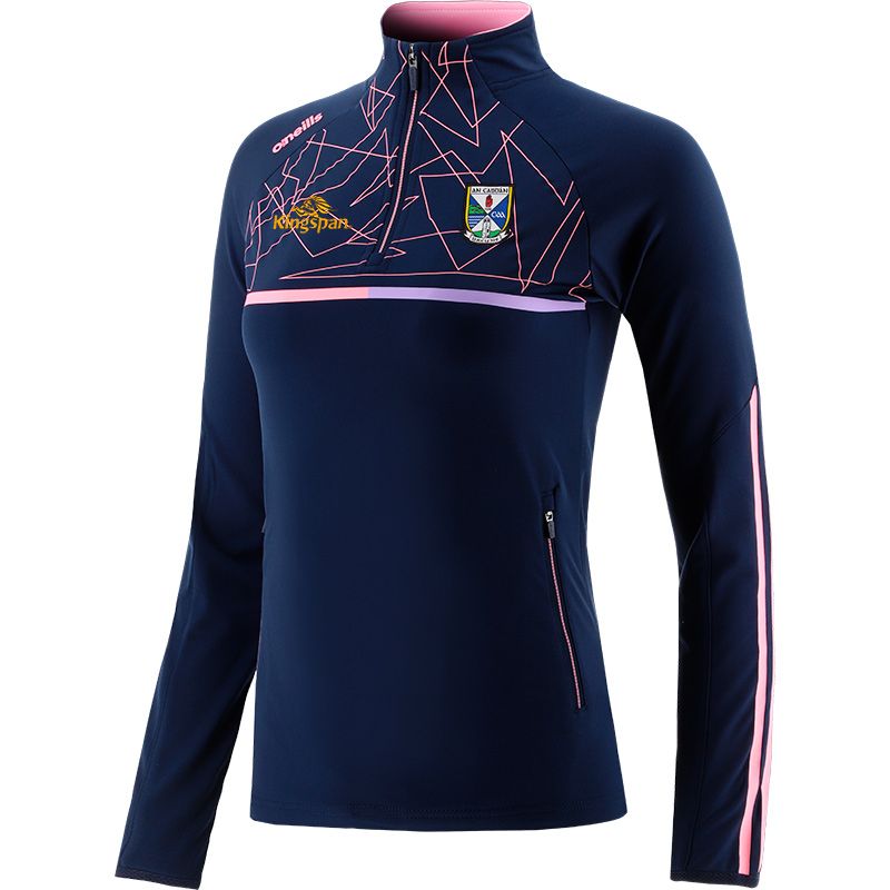 Navy kids' Carlow GAA Dolmen Half Zip Top with Zip Pockets and the County Crest by O’Neills.
