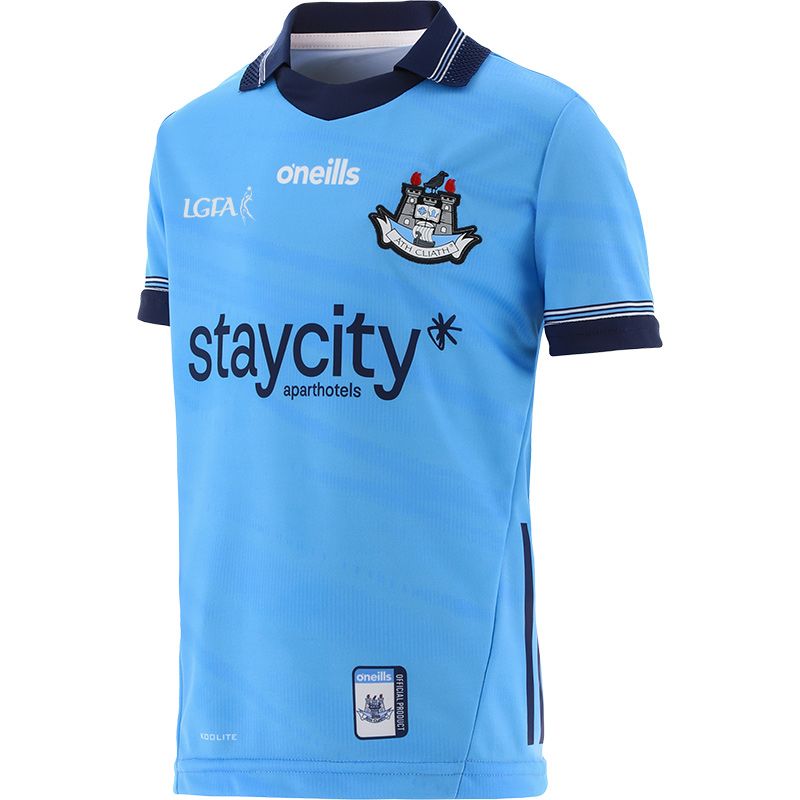 Dublin LGFA Home Jersey 2024 with navy knitted collar by O’Neills.