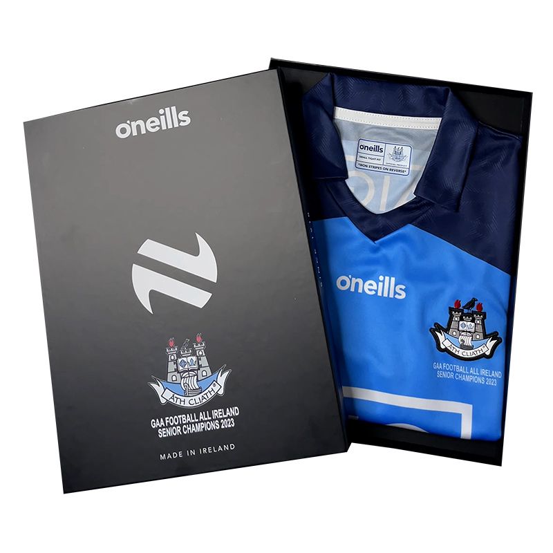 Blue Dublin GAA All-Ireland Football Champions Jersey packaged in a gift box by O’Neills.