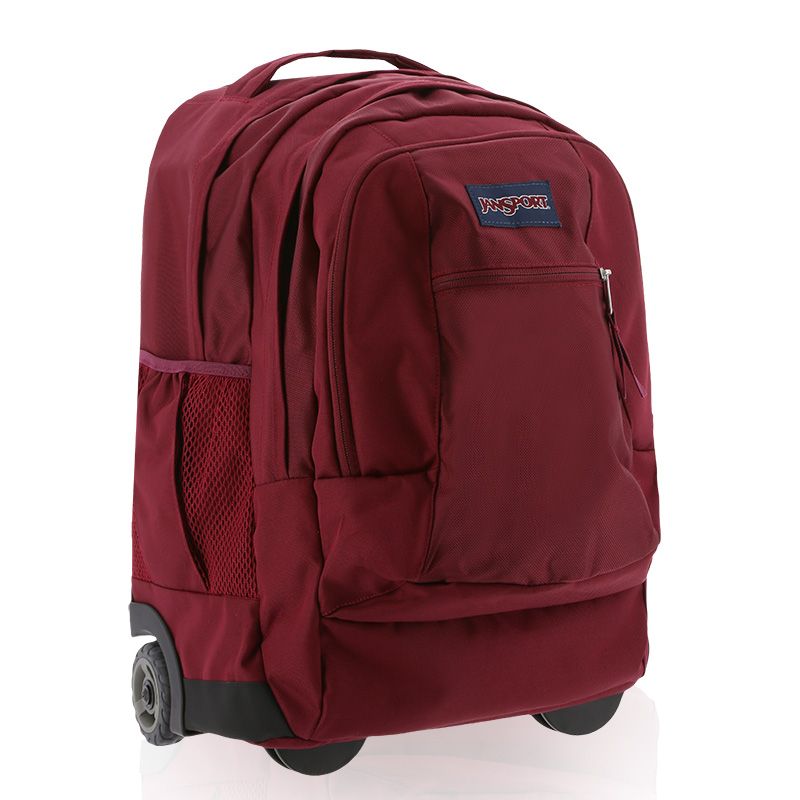 Red Jansport Driver 8 Wheeled Backpack with wheels, a retractable grab handle and laptop sleeve from O’Neills.