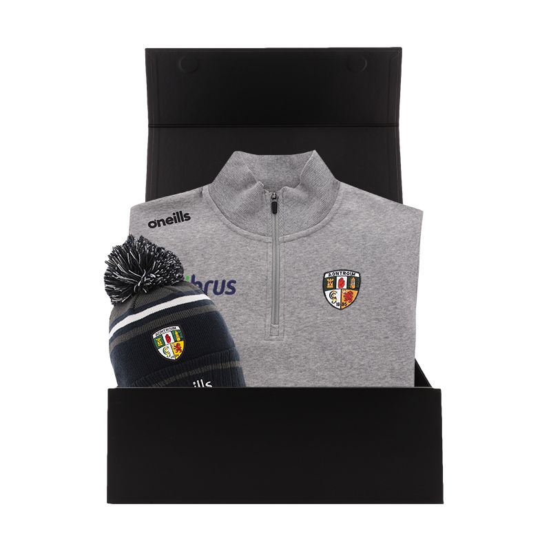 Antrim GAA Gift Box with Antrim GAA half zip fleece and bobble hat packaged in a gift box by O’Neills.