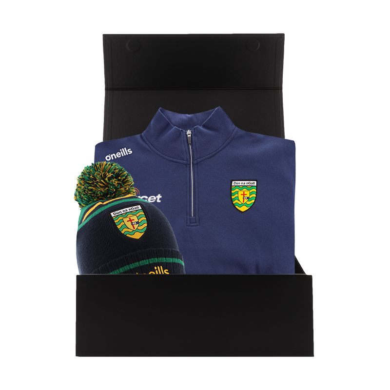 Donegal GAA Gift Box with Donegal GAA half zip fleece and bobble hat packaged in a gift box by O’Neills