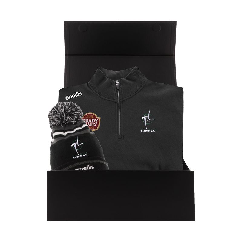 Kildare GAA Gift Box with Kildare GAA half zip fleece and bobble hat packaged in a gift box by O’Neills.