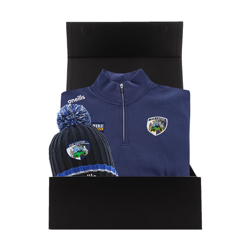 Laois GAA Gift Box with Laois GAA half zip fleece and bobble hat packaged in a gift box by O’Neills.