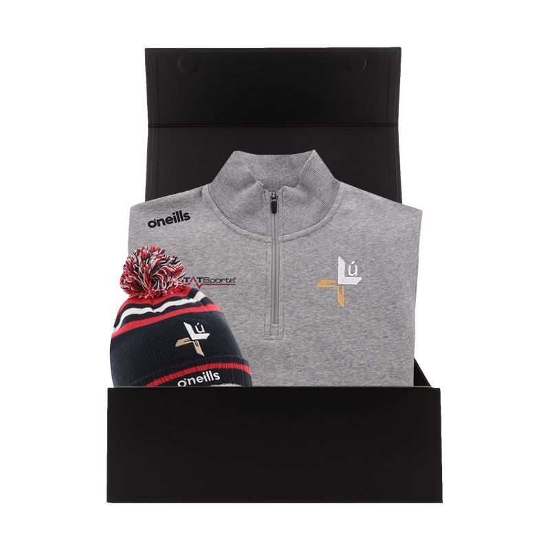 Louth GAA Gift Box with Louth GAA half zip fleece and bobble hat packaged in a gift box by O’Neills.