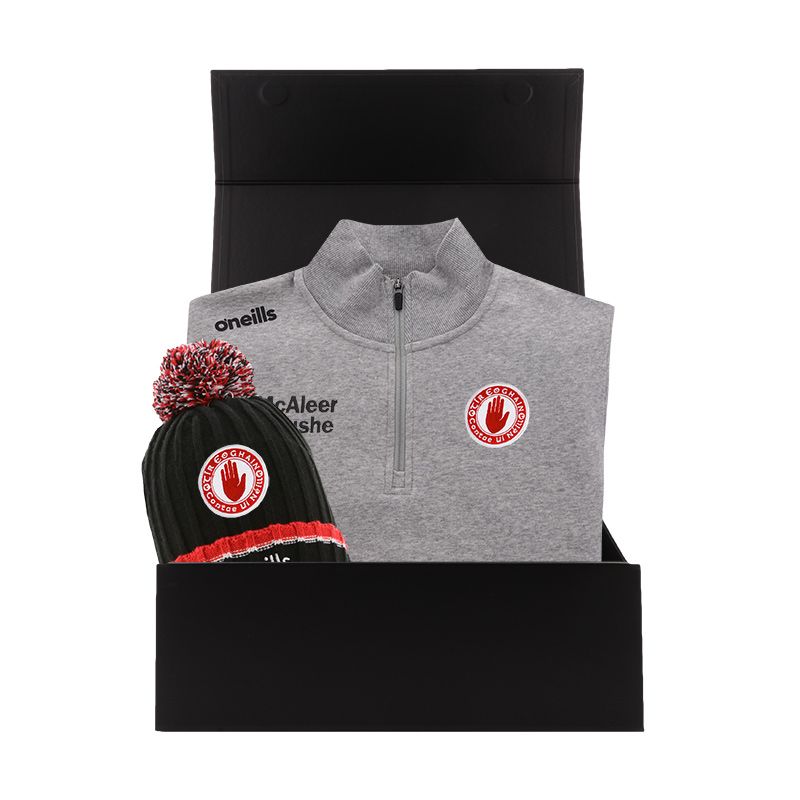 Tyrone GAA Gift Box with Tyrone GAA half zip fleece and bobble hat packaged in a gift box by O’Neills.