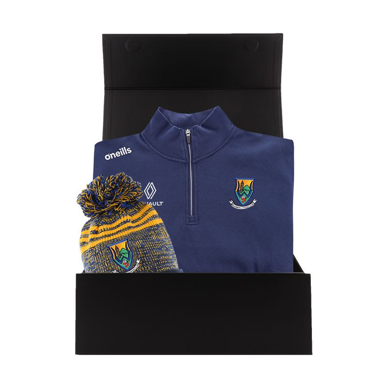 Wicklow GAA Gift Box with Wicklow GAA half zip fleece and bobble hat packaged in a gift box by O’Neills.