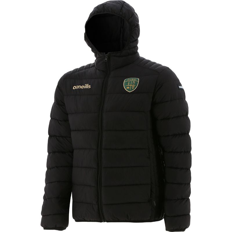 Black men’s Finn Éire hooded padded jacket with embroidered Éire crest and zip pockets O’Neills.