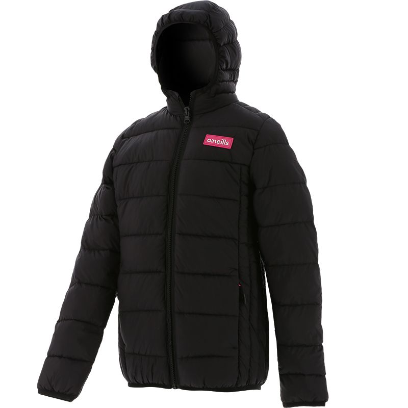 Black girls padded jacket with a hood and pink O'Neills branding front view.
