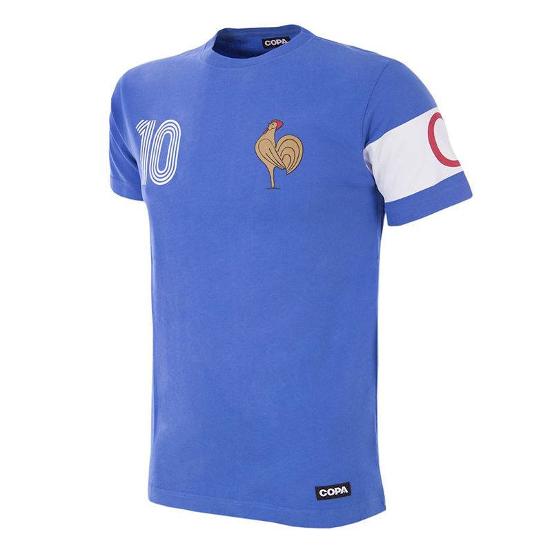 Blue COPA France retro football t-shirt with printed captain armband from O'Neills.