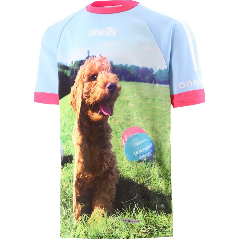 Blue Kids' Fur-Ever Friend O’Neills ploughing jersey with image of a puppy and O'Neills balls on the front and back.