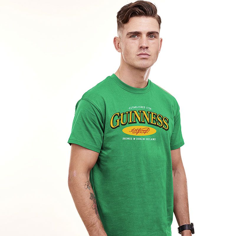 Green Guinness Men's Label T-Shirt with a Guinness traditional Irish label print to centre chest from O'Neill's.