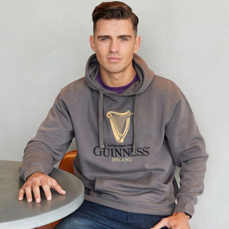 Grey Men's Guinness Hoodie with embroidered gold harp and front pocket from O'Neills.