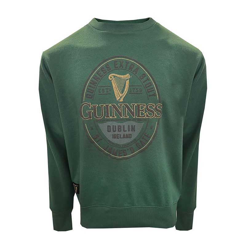 Green Guinness Men's Label Sweatshirt with an Iconic Guinness label print to centre chest from O'Neill's.