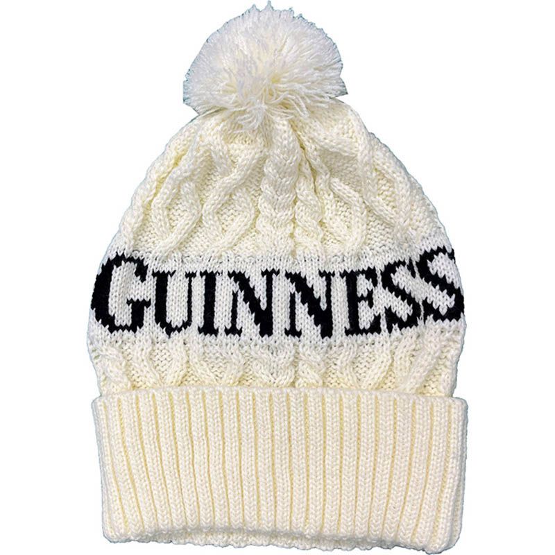 Cream Guinness Aran Knit Bobble Hat with Black Guinness logo from O'Neills 