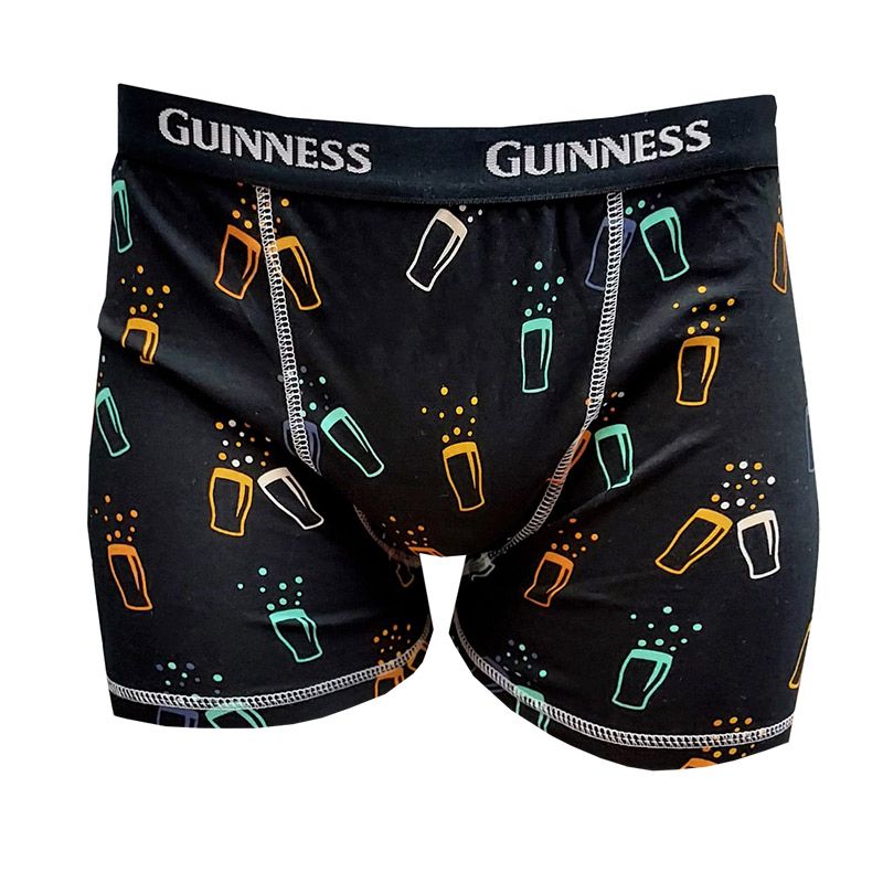 Black Guinness boxer shorts with fun pint print all over and elasticated waist from O'Neills