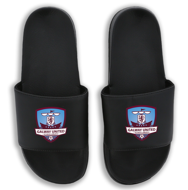 Black O'Neills Zora Pool Sliders featuring the Galway United FC crest from O'Neills