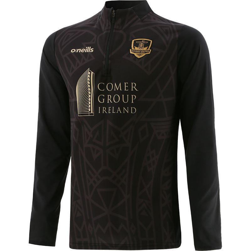 Black Kids' Galway United FC half zip top with a gold official Galway United crest and sponsor logo by O’Neills. 