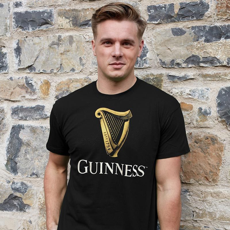 Black Guinness round neck t-shirt with the Guinness harp design from O'Neills