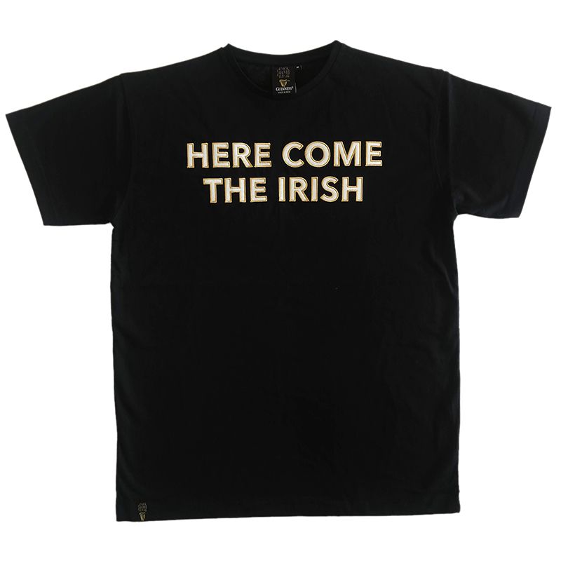 Black men's Guinness Notre Dame t-shirt with 'Here come the Irish' embroidered on the front from O'Neills.