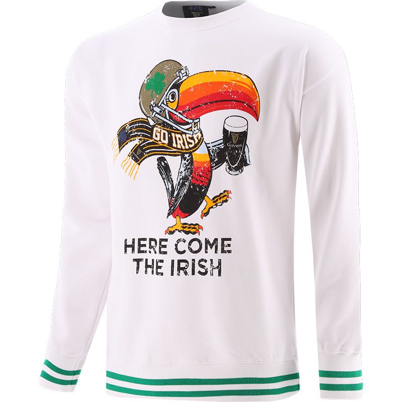 White Guinness Notre Dame Fighting Irish Sweatshirt with Printed Toucan Front and striped cuffs from O'Neills