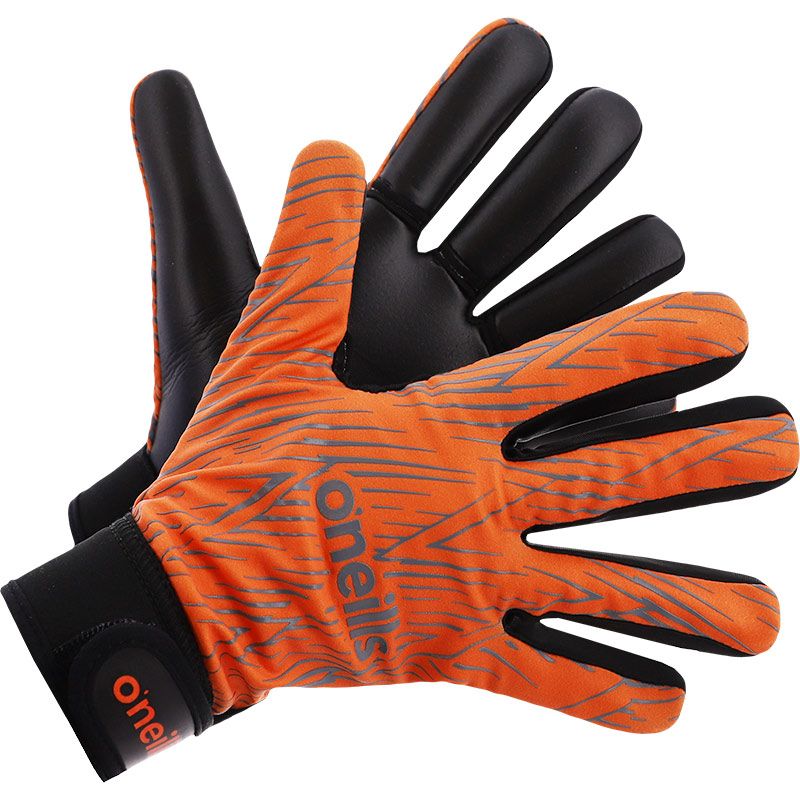 Orange GAA gloves with Velcro strap fastening and latex palm by O’Neills.