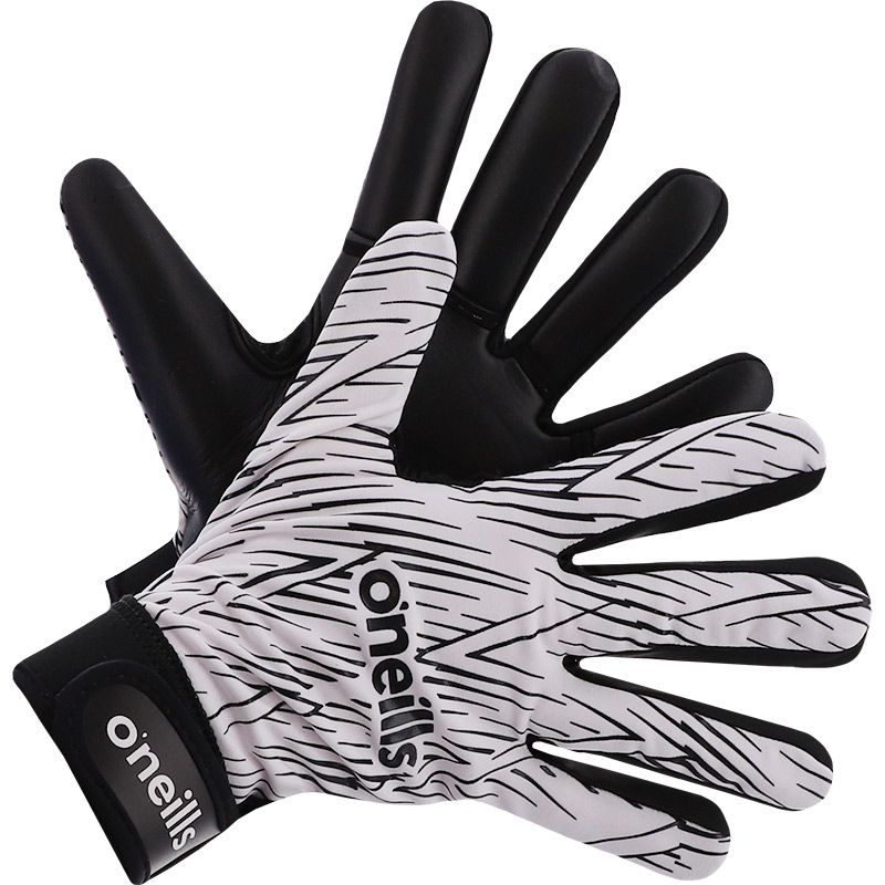 White GAA gloves with Velcro strap fastening and latex palm by O’Neills.