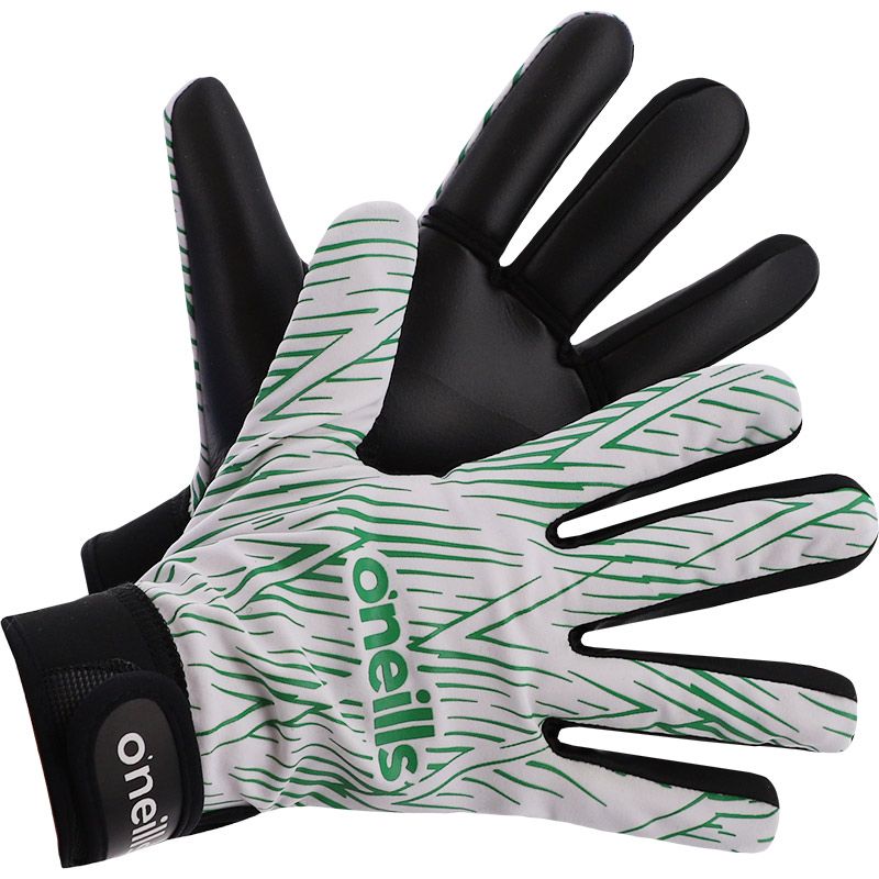 White GAA gloves with Velcro strap fastening and latex palm by O’Neills.