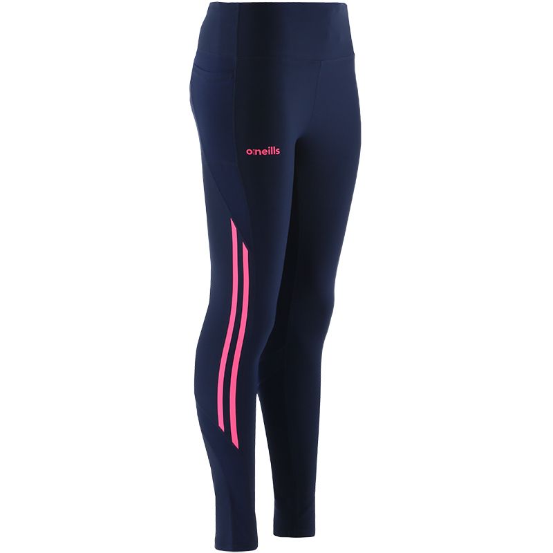 Navy women's gym leggings with two stripe pink detail on the sides from O'Neills.