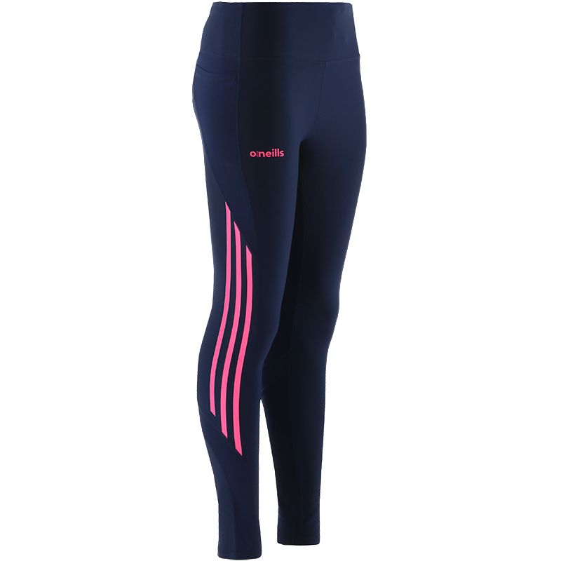 Navy women's full length leggings with pink three stipe detail on side of leg and phone pocket from O'Neills.