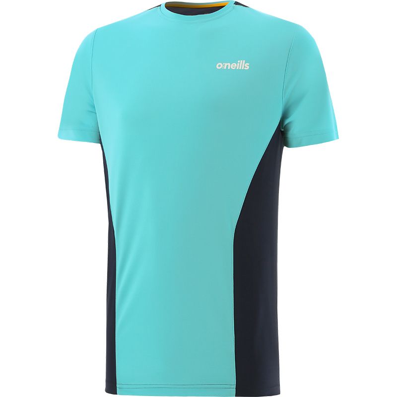 Blue Hayden men’s lightweight gym t-shirt with contrasting colour panels and dropped hem by O’Neills.