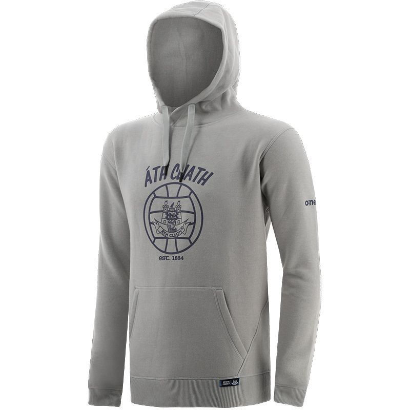 Grey Dublin GAA Men’s Highlander Pullover fleece hoodie with a large Ball print on the front by O’Neills.