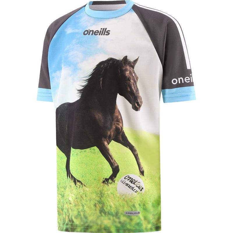 Grey Kids’ Horse Power O’Neills ploughing jersey with image of a horse on the front and back.