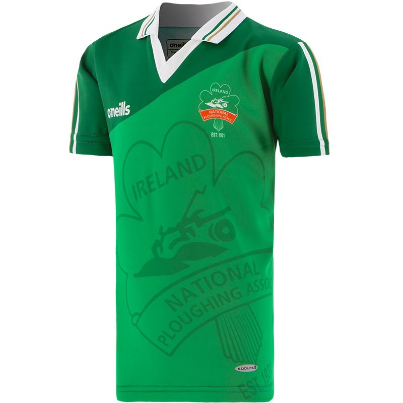Green National Ploughing Association jersey featuring a shamrock on the front and back and three stripes on the sleeve and collar.