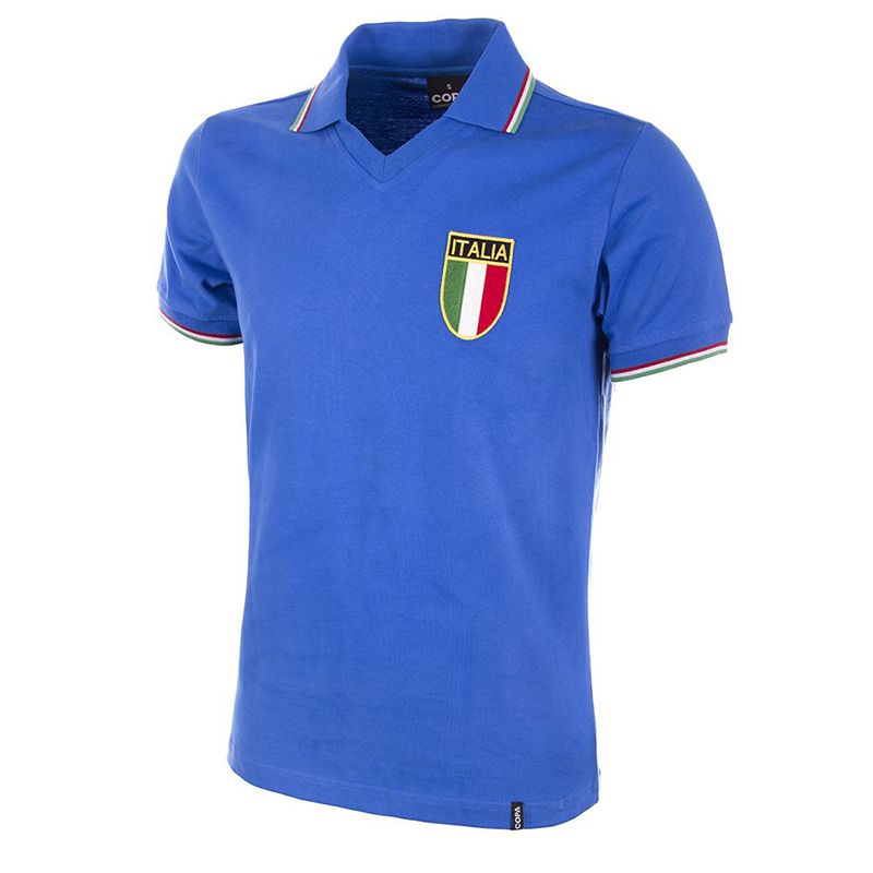 Blue COPA Italy 1982 Home Jersey as worn in the world cup with collar and woven Italia badge on the left breast from O'Neills.