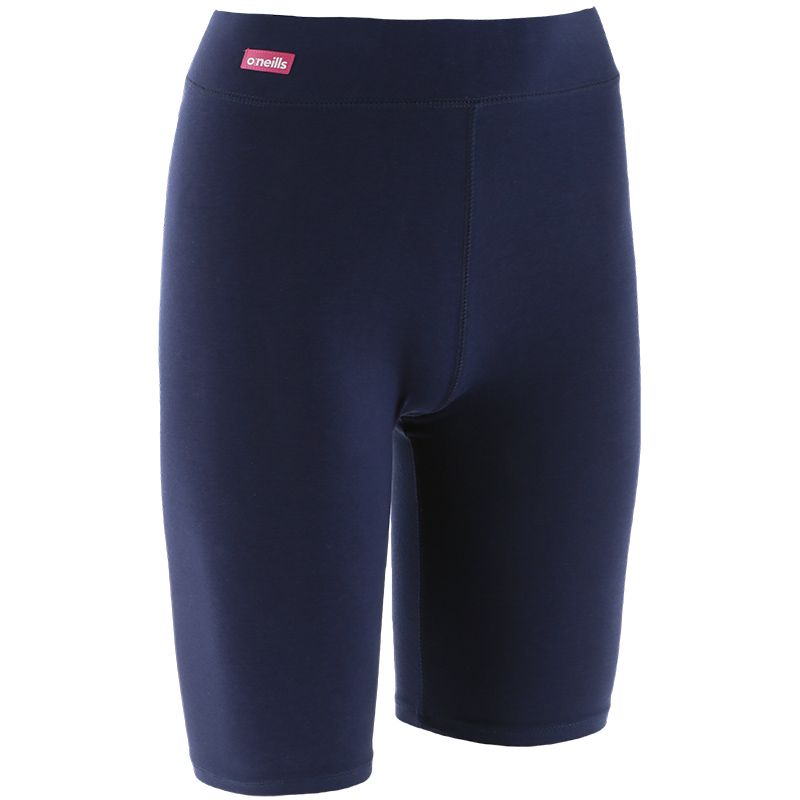 Marine girls’ cotton cycling shorts with pink O’Neills branding on the left leg.