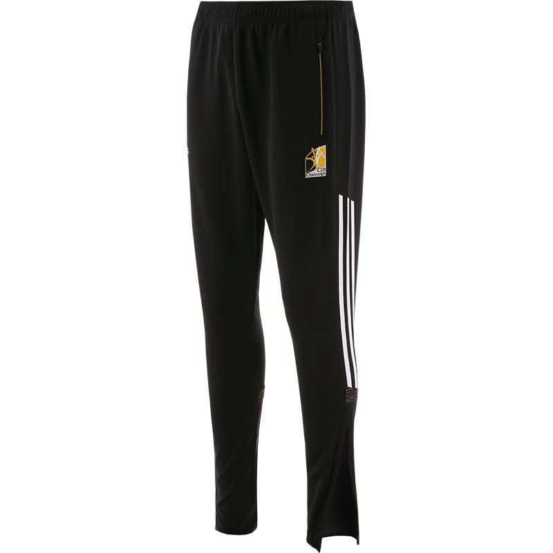 Black, Amber and White Harlem Kilkenny GAA men's brushed joggers with zip pockets by O’Neills.
