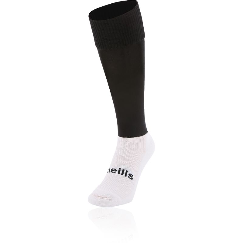 Kids’ Black knee high sports socks with seamless toe and cushioned soles by O’Neills.