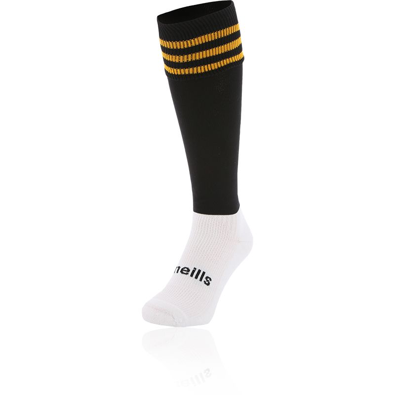 Kids’ Black and Amber knee high sports socks with seamless toe and cushioned soles by O’Neills.