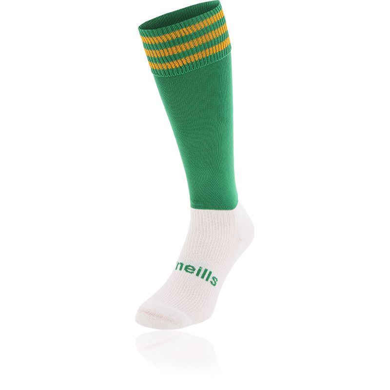 Green and Amber knee high sports socks with seamless toe and cushioned soles by O’Neills.