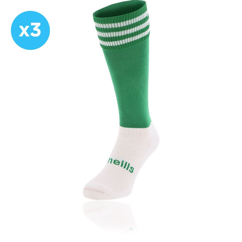 Green and White kids' knee high sports socks 3 Pack with seamless toe and cushioned soles by O’Neills.